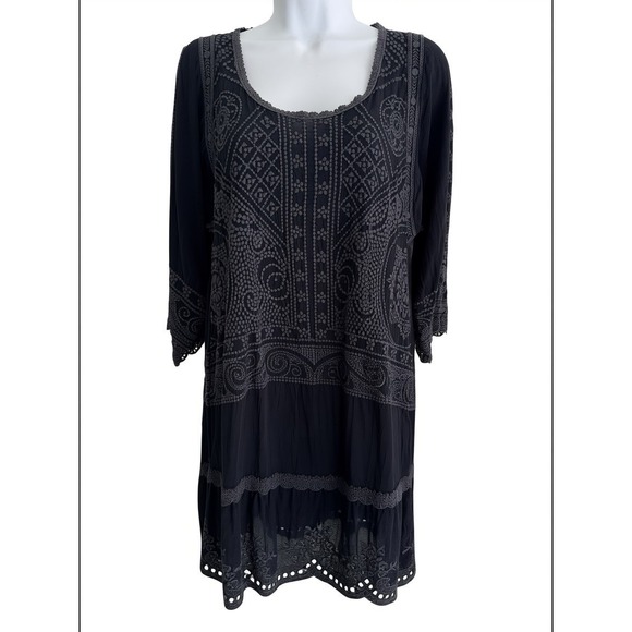 Johnny Was Dress S Black Tonal Sheer Embroidered Tunic Boho Peasant Lace Hem - Picture 2 of 11